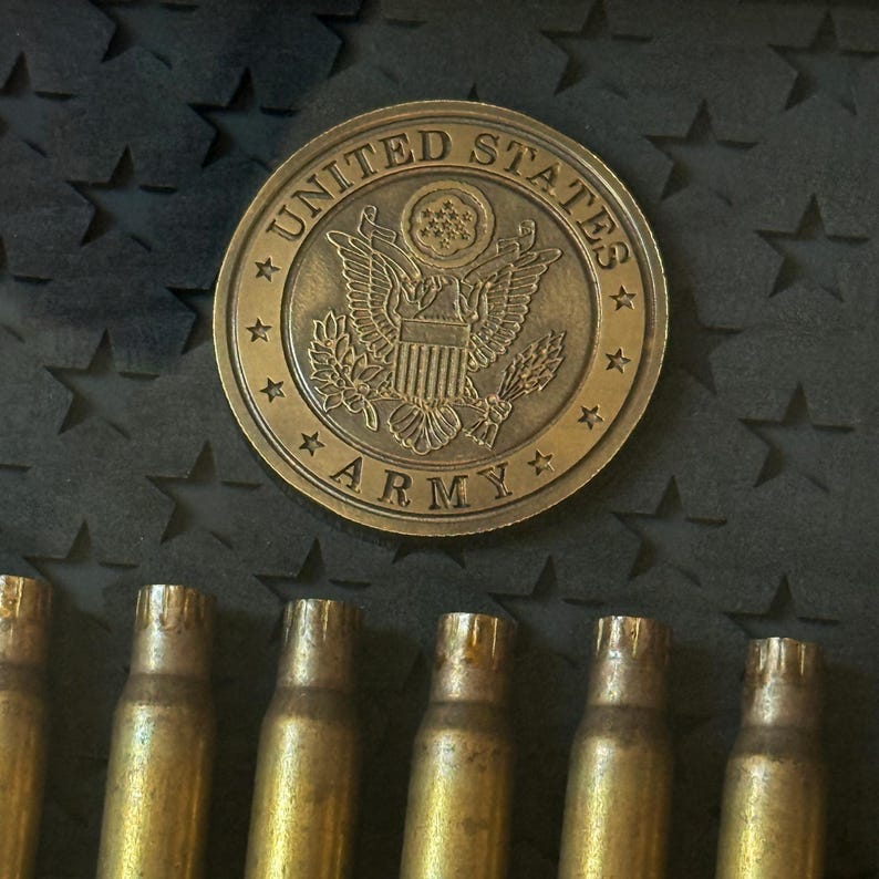Military Funeral Memorial shadow box gift with spent 21 gun salute casings and brass military coin and engraved name, birth - death year personalization.