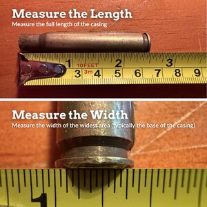 May include: A metallic cartridge casing shown with a yellow measuring tape. The top image shows the length of the casing measuring approximately 2.25 inches. The bottom image shows the width of the base measuring approximately 0.5 inches.