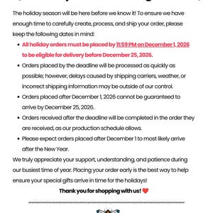 May include: A white informational notice titled Holiday 2026 Ordering Notice with Christmas tree icons. It outlines deadlines for holiday orders, stating that orders must be placed by 11:59 PM on December 1, 2026, for delivery by December 25, 2026.
