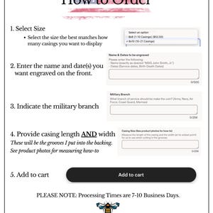 May include: An instructional graphic titled How to Order with a US flag motif. It lists five steps for customizing a product, including selecting size, entering names and dates, specifying a military branch, providing casing dimensions, and adding to cart.