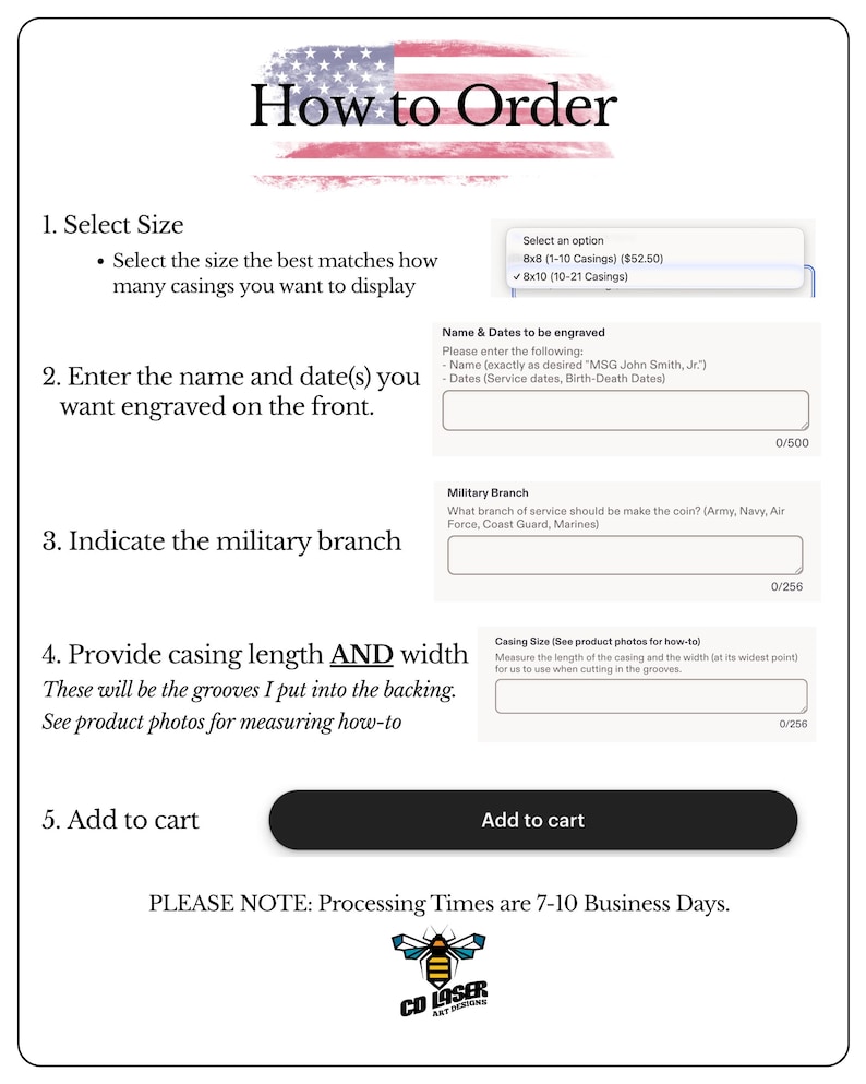 May include: An instructional graphic titled How to Order with a US flag motif. It lists five steps for customizing a product, including selecting size, entering names and dates, specifying a military branch, providing casing dimensions, and adding to cart.