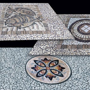 May include: Three mosaic tile designs featuring intricate patterns. One showcases two fish, another a circular design, and the third a floral motif. The tiles are composed of small, irregularly shaped stones in various shades of brown, gray, and white.