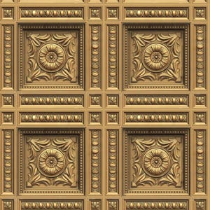 May include: A repeating pattern of ornate, gold-coloured, carved panels. Each panel features a central floral design surrounded by detailed scrollwork and decorative borders, creating a classical aesthetic.