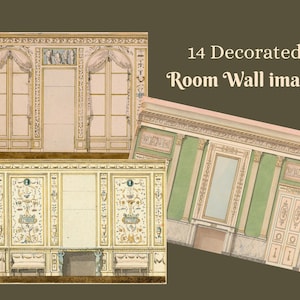 Könnte beinhalten: Zwei Bilder von verzierten, dekorativen Wandpaneelen für ein Zimmer. Die Paneele sind weiß mit goldenen Verzierungen und weisen florale Designs auf. Der Text "14 Dekorierte Raumwandbilder" ist in der oberen rechten Ecke des Bildes sichtbar.