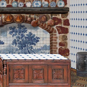 May include: A rustic kitchen scene featuring a wooden cabinet with carved floral designs, a blue and white tiled backsplash, and copper pots hanging above. Decorative plates line a wooden shelf. The room has a vintage aesthetic.