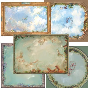 May include: A collection of five framed art prints featuring classical ceiling paintings. The artworks depict sky scenes with clouds, cherubs, and floral borders. The color palette includes blues, whites, and earth tones, evoking a sense of classical elegance.