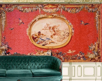 Dollhouse Room Wall Printable, Victorian Tapestry Panels, Miniature Red wallpaper, antique French decor, Doll Box Digital