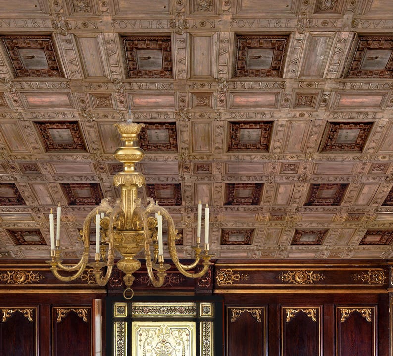 Miniature Wood Ceiling Tiles - Realistic Wood Finish - Dollhouse COFFERED CEILING WALLPAPER - Instant Download - Sophisticated Miniature Design