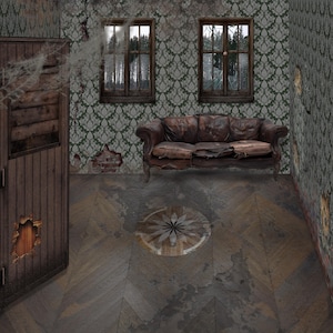 May include: An interior scene depicting a dilapidated room with a distressed leather sofa, two windows, and a wooden door. The walls are covered in patterned wallpaper, and the floor has a decorative inlay. The overall aesthetic suggests a haunted or abandoned setting.