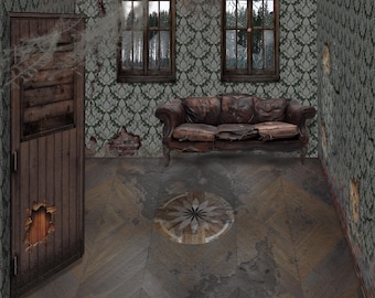 Haunted DOLLHOUSE Printable 1/12 WALLPAPER , Grunge Miniature Damaged Room, Abandoned  book nook, DIY Diorama