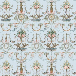 May include: A repeating pattern on a pale blue background. The design features ornate floral arrangements, decorative urns, and classical figures in a symmetrical layout. The colour palette includes shades of pink, green, and brown.