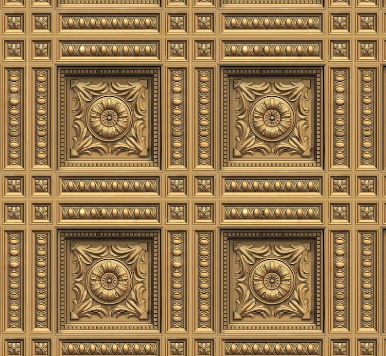 May include: A repeating pattern of ornate, gold-colored, carved panels. Each panel features a central floral design surrounded by detailed scrollwork and decorative borders, creating a classical aesthetic.