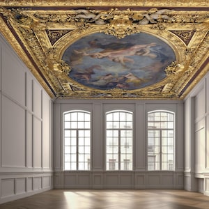 May include: An ornate ceiling with a painted mural and gold gilded frame. The room features white paneled walls, three large windows, and a wooden floor. The ceiling painting depicts figures in a blue sky.