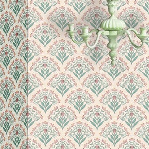 May include: Floral wallpaper with a repeating pattern of stylized flowers in pink, green, and cream. A vintage-style, pale green chandelier is mounted on the wall, adding a touch of elegance to the room's decor.