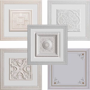 May include: A collection of white decorative ceiling tiles with various embossed patterns. The designs include geometric shapes, floral motifs, and ornate scrollwork. Each tile is framed with a detailed border, showcasing a classic architectural style.