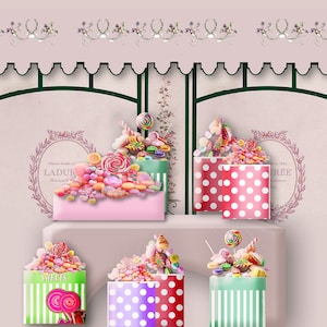 Puede incluir: Una exhibición artística de caramelos coloridos que se desbordan de cajas decorativas. Las cajas presentan varios patrones, incluidos lunares y rayas, y están dispuestas en una estantería. El tema general es una tienda de dulces.
