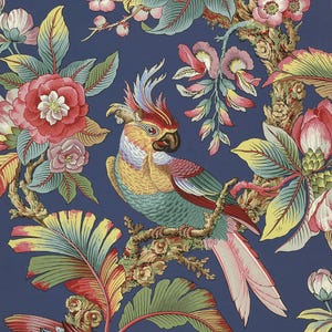 May include: A blue background with a floral pattern featuring pink and white flowers, green leaves, and two birds. One bird is a parrot with yellow, green, and pink feathers, and the other is a smaller bird with blue, pink, and green feathers.