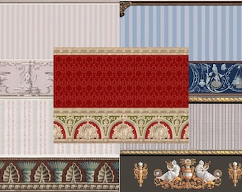 Dollhouse Wallpaper: Vintage Victorian Wainscot, 1/6 Scale (Digital Download A3 Size JPGs)