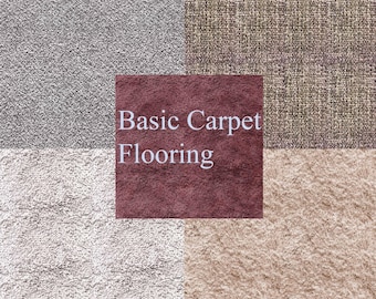 May include: An image showcasing four different carpet flooring samples. The samples include a light gray, a textured brown, a cream-colored, and a tan carpet. The text "Basic Carpet Flooring" is displayed in a burgundy square in the center.