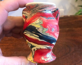 Mid Century 1940's Red Marbleized Miniature Chalkware Vase - Vintage Tiny Art Deco Urn - Mini Vessel