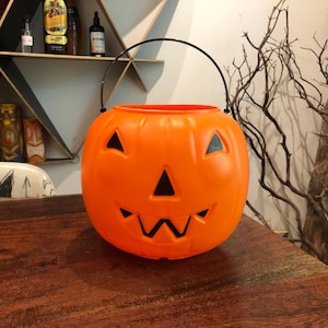 Vintage Jack-O-Lantern Halloween Trick or Treat Blow Mold Candy Bucket by Amloid - Vintage 1980&#39;s Halloween Decoration