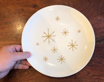 Mid Century Modern Star Glow by Royal China 10.25&quot; Starburst Glazed Ceramic Dinner Plate - MCM Gold & White Atomic Space Age Home Decor