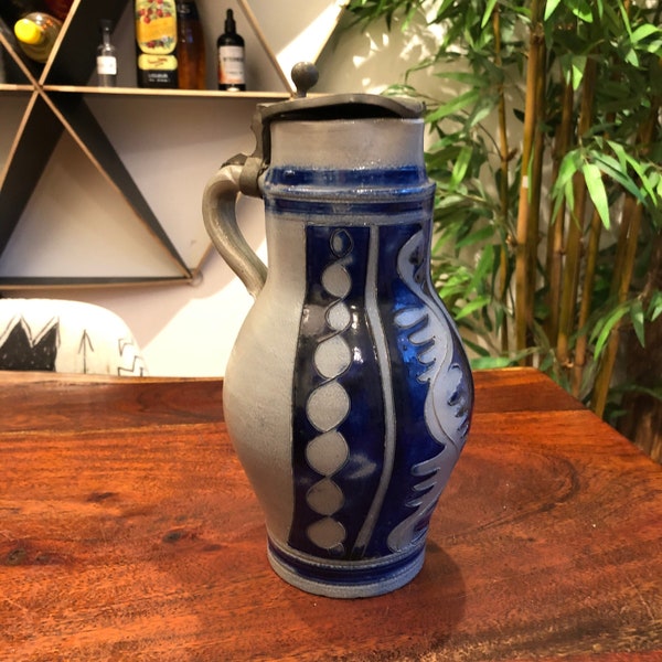 Antique c. 1850's German Westerwald Salt Glaze Stoneware Beer Pitcher with Pewter Lid & Incised Designs 1800's Cobalt Blue and Gray Barware