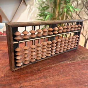 Antique Wood & Metal Accounting / Teaching Abacus in Box Joint Frame - Vintage Math Mathematics Tool