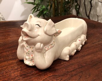 Vintage c. 1983 Mother Pig & Piglets Ceramic Cracker Dish by Fitz and Floyd - Sugar Packet / Tea Bag Holder - 1980's Kitschy Kitchen Decor