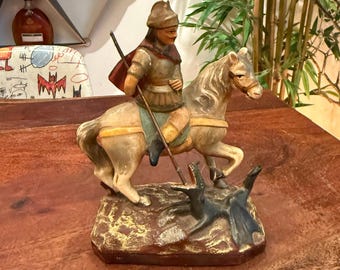 Antique 1800s Spanish Plaster Saint George Slaying the Dragon Figurine - Vintage 19th Century Religious Art - Christian Santos Home Decor