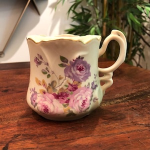Antique Japanese Nippon Hand Painted & Transferware Shaving Cream Mug with Pink and Purple Roses Vintage Cottage Garden Botanical Home Decor