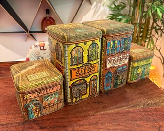 Set of 4 Vintage 1979 Cheinco Village Shops Metal Canister Set - 1970s Coffee Flour Sugar Tea Tins Kitchen Storage Boxes - J. Chein & Co.