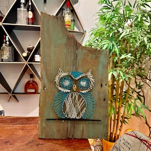 May include: A rectangular piece of weathered, teal-painted wood featuring a string art owl design. The owl is created with white, teal, and black thread, perched on a thin black horizontal line against the textured, rustic wooden surface.