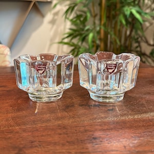 Set of 2 Vintage Swedish Orrefors Lars Hellsten Corona Glass Candleholders with Original Stickers Made in Sweden Scandinavian Candle Holder
