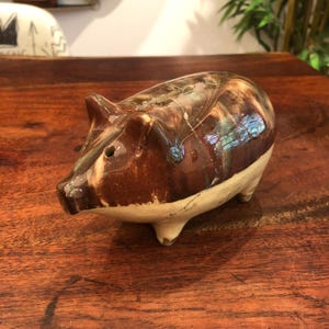 Vintage Austrian Marbleized Brown Stoneware Pottery Pig Shaped Piggy Bank - Has Been Repaired - Savings / Coin Bank - Made in Austria