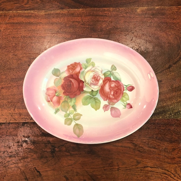 Antique 1920's Steubenville China Pottery Pink & Red Roses Transferware 12.5" Serving Platter Botanical Floral Farmhouse Farm Kitchen Decor