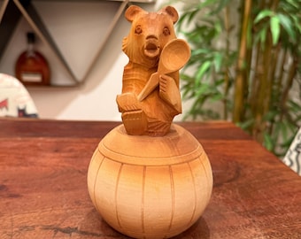 Vintage Russian Hand Caved Folk Art Honey Bear on Ball with Spoon Pine Wood Carving - Faux Honey Pot - Asian Woodland Forest Animal Decor
