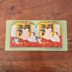Antique c. 1898 When Ma&#39;s Away, The Children Play Babies Playing Stereoscope Photograph Card Sun Sculpture Underwood & Underwood Publishers