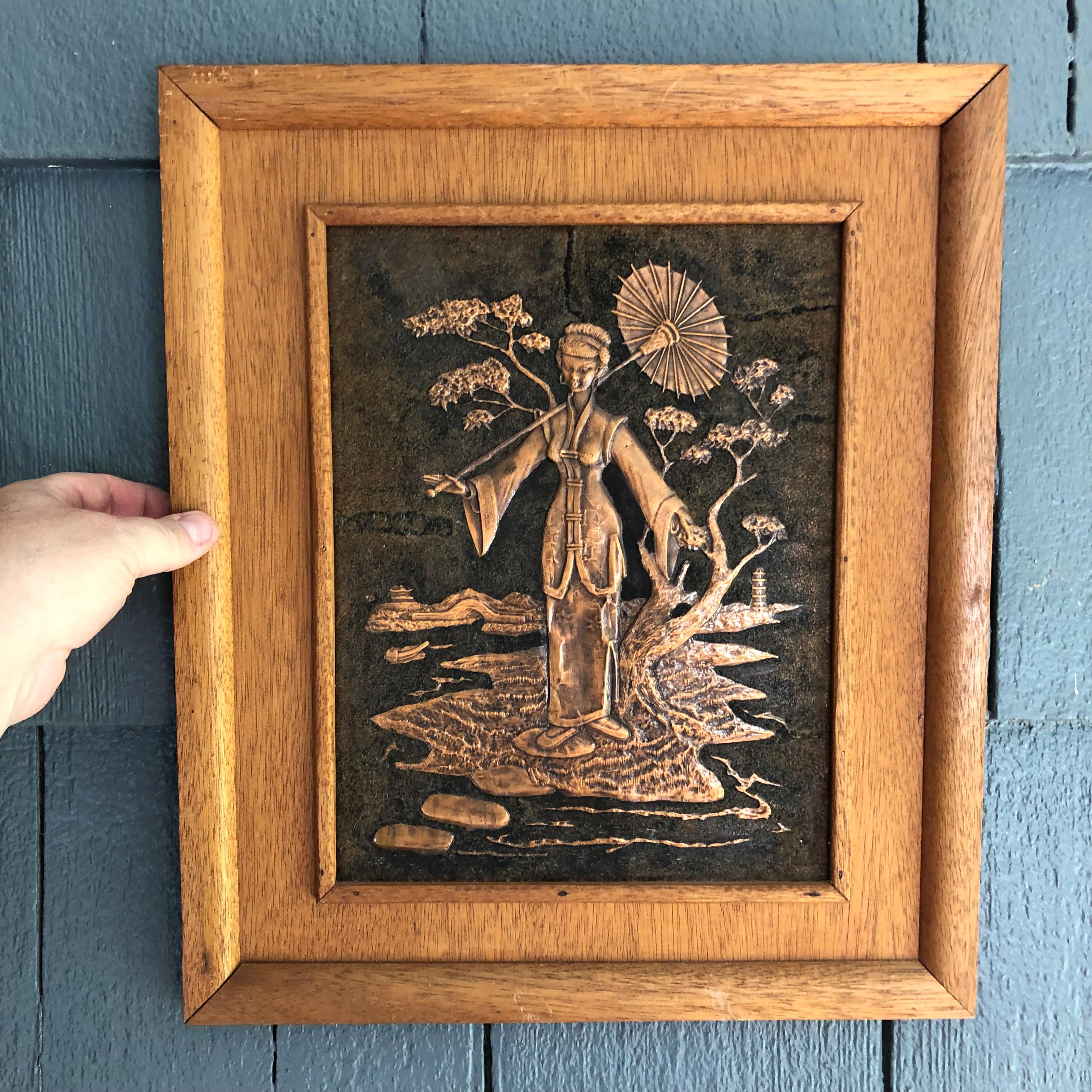 【ヴィンテージ・美品】フレミッシュ織　家並み　額装済 Mid Century 1950's Chinese Copper Relief Couple in Teak