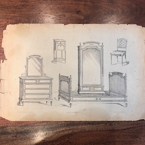 Antique 1800&#39;s French Bedroom Furniture Catalog Paper Page - 19&quot; x 12.75&quot; - 19th Century Parisian Decor - Old French Advertisement Art Print
