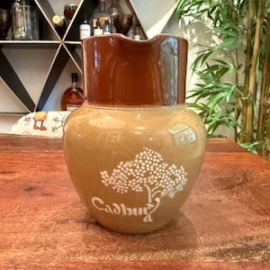 Antique Early 1900&#39;s Cadbury Hot Chocolate Promotional Advertisement Brown Two Tone Clay Pottery Pitcher Designed by Georges Auriol