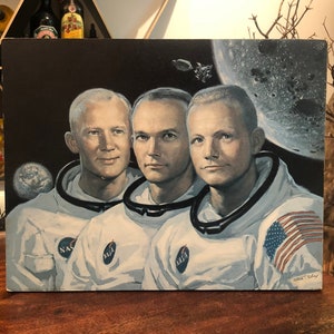 Vintage c. 1969 NASA Lithograph Print on Particle Board of Neil Armstrong - Buzz Aldrin - Michael Collins Astronaut Art by Alton Tobey