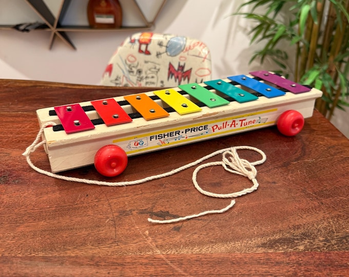 Vintage c. 1964 Fisher-Price Wooden Pull-A-Tune Xylophone Musical Instrument Toy # 870 - Retro 1960's 60sFisher Price Toddler Toy