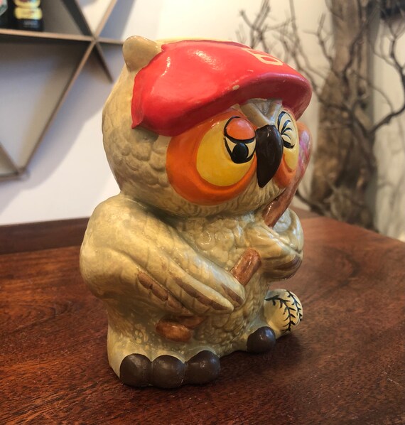 ヴィンテージ 1970 年代 陶器製 野球選手 フクロウ 貯金箱 エネスコ製