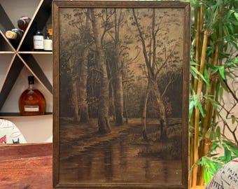 Antiek handgeschilderd acrylschilderij uit de jaren 1920 met een landschap en een witte berkenbeek in een houten lijst - Vintage rustieke blokhutdecoratie voor een huis aan het meer