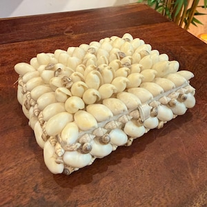 Op de afbeelding: Een rechthoekige doos die volledig is bedekt met een dichte rangschikking van gebroken witte en crèmekleurige schelpen. Het deksel en de zijkanten hebben een getextureerd oppervlak dat bestaat uit talloze kleine, gladde en ronde schelpen.