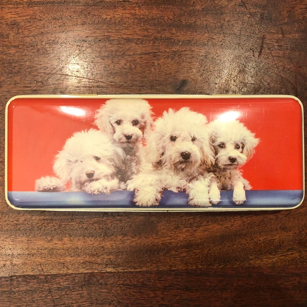 Mid Century 1950's English Thorne's Premier Toffee Tin with White Poodle Puppies - Thomas Thorne & Co. Leeds England Vintage Candy Tin