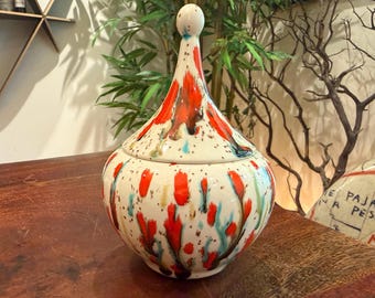 Vintage jaren 70 Mod Drip Glaze keramische snoepkom met deksel - sieradenkom uit de jaren 70 met deksel
