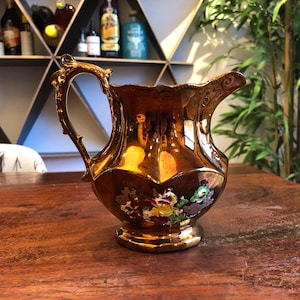 Antique English Chippy Lustreware 24 oz. Pitcher - Vintage Lusterware Creamer - Farmhouse Farm Kitchen Decor - Antique 1800&#39;s Copper Pottery