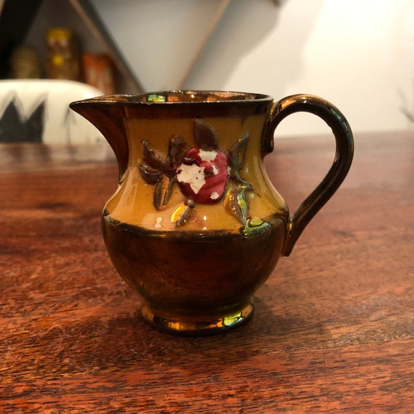 Antique English Lustreware / Lusterware Miniature 3 oz. Creamer / Pitcher with Floral Design - Vintage Doll Accessories - Copper Lusterware